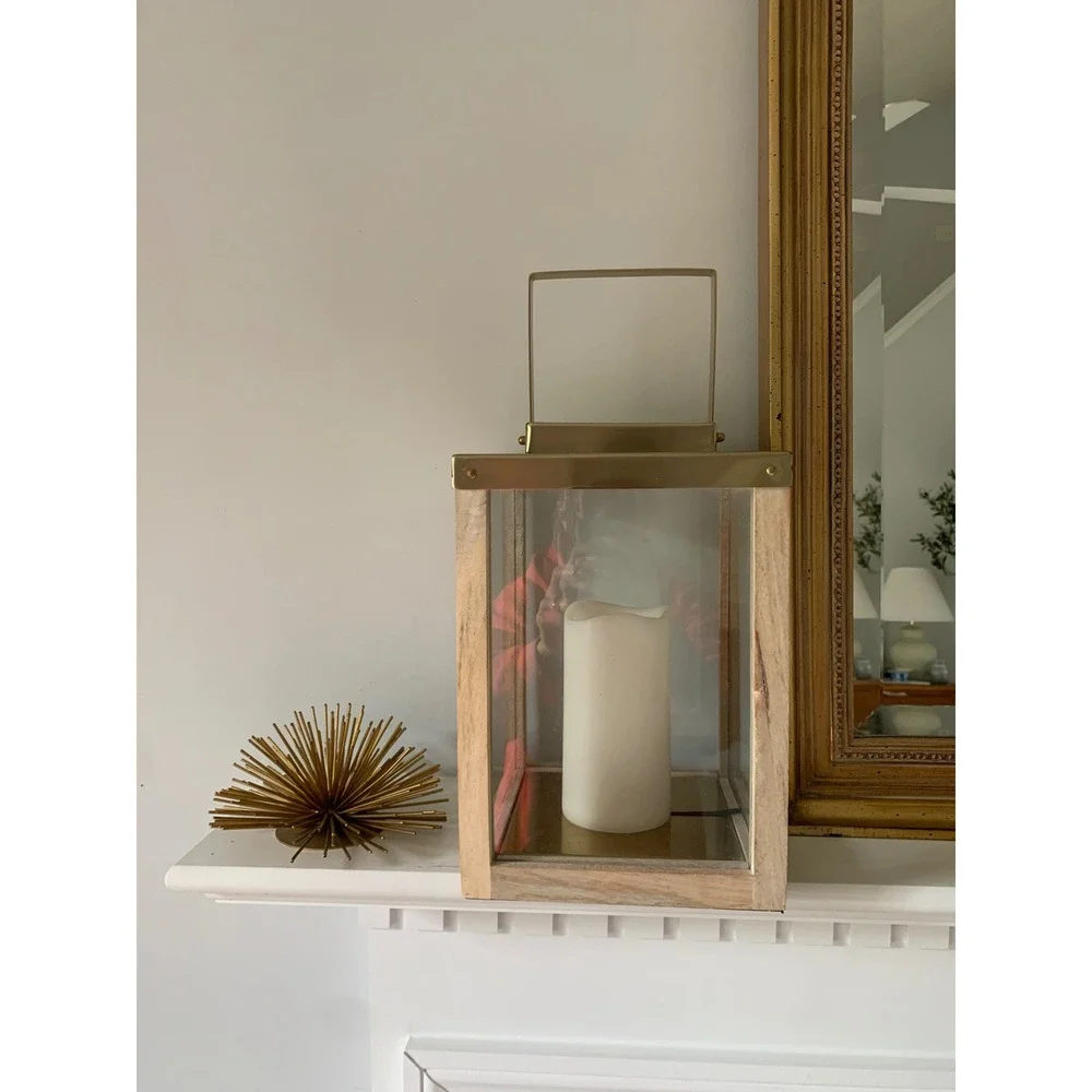 Wood and Brass Metal Decorative Candle Lantern Glass Panels Rustic Farmhouse‎